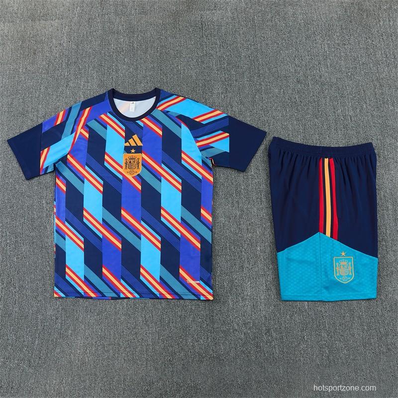 2026 Spain Navy Blue Multi-Color Diagonal Stripe Short Sleeve+Soccer Shorts