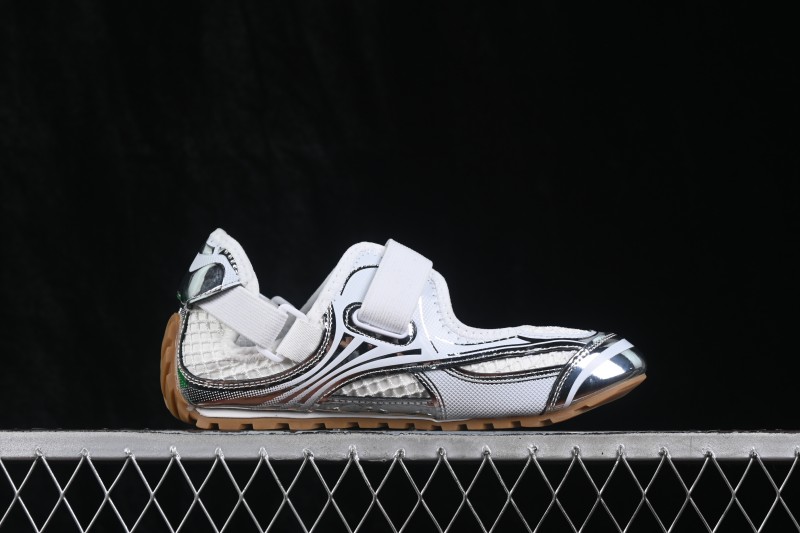 Bottega Veneta Orbit Flash Round-Toe Mary Jane Flat Shoes in Silver White and Fiber White - AJE5