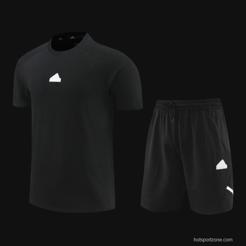 23/24 Adidas Black Cotton Short Sleeve Jersey+Shorts