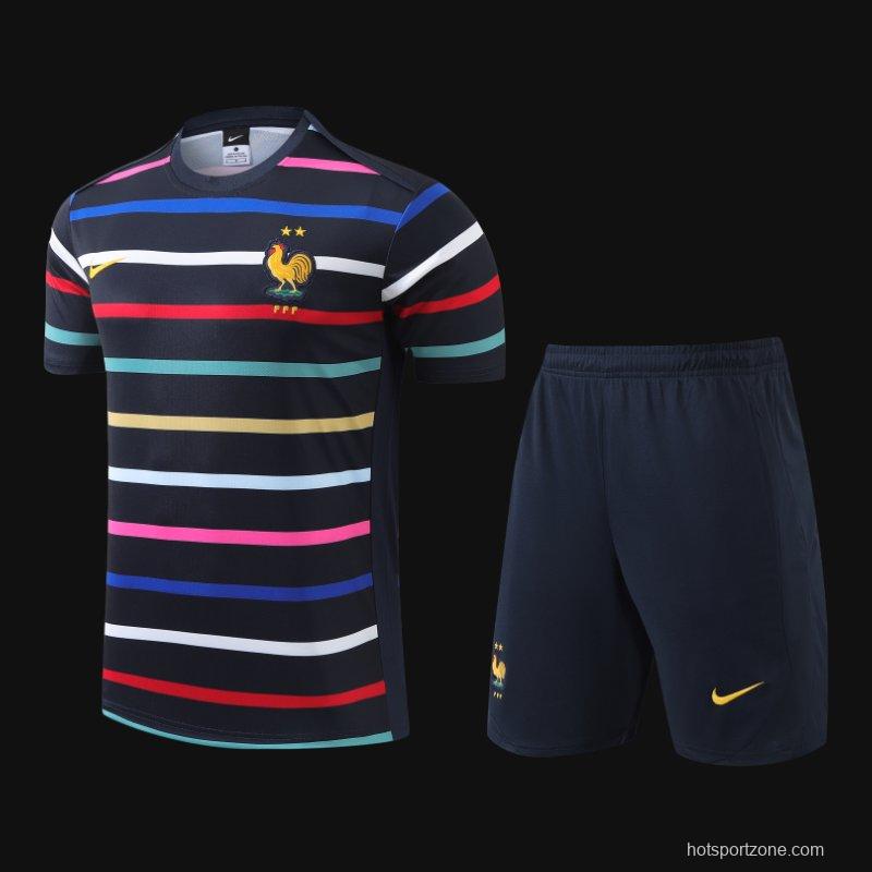 2024 France Navy Stripe Short Sleeve Jersey+Shorts