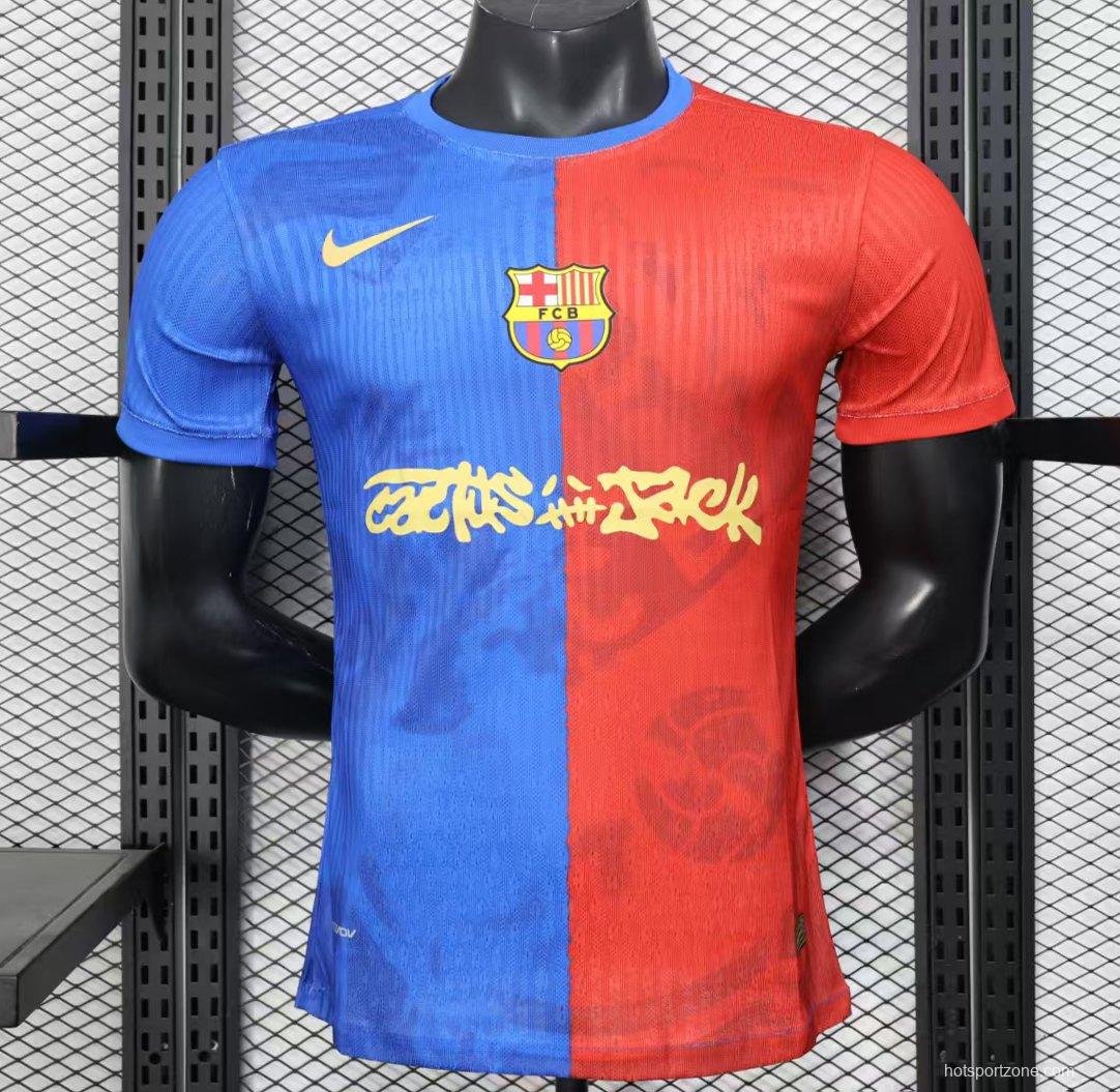 Player Version 25/26 Barcelona Travis Scott Blue with Red Half Split Jersey