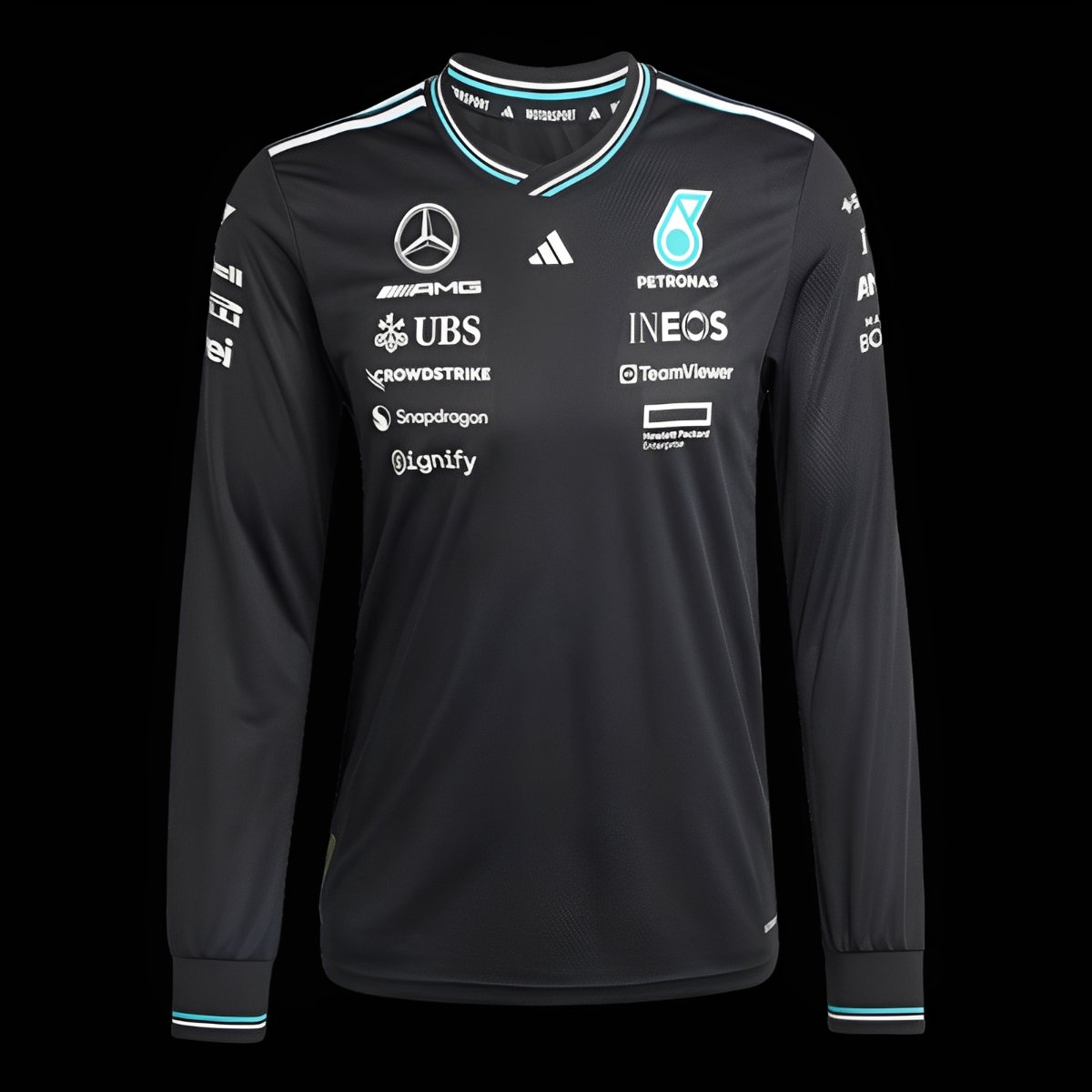 2026 F1 Mercedes-AMG Petronas F1 Team Black with Teal Trim Long Sleeve Shirt