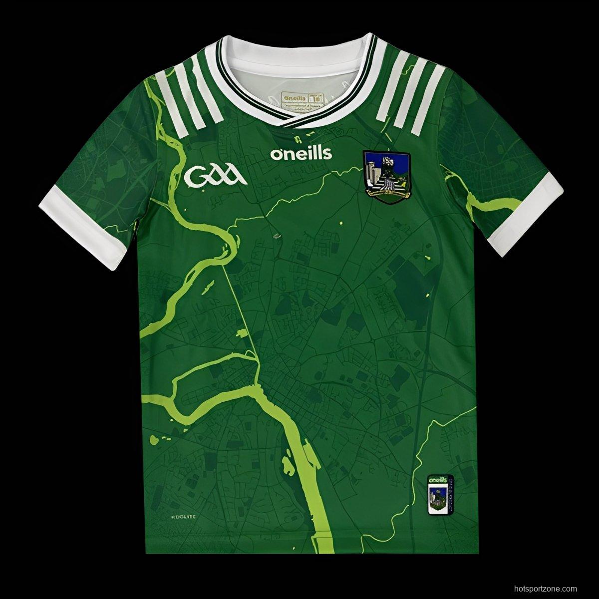 25/26 Kids Limerick GAA Green with River Map Pattern Home Jersey