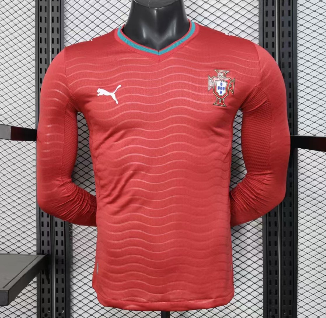 Player Version 2026 Portugal Home Long Sleeve Red with Horizontal Wave Pattern Jersey