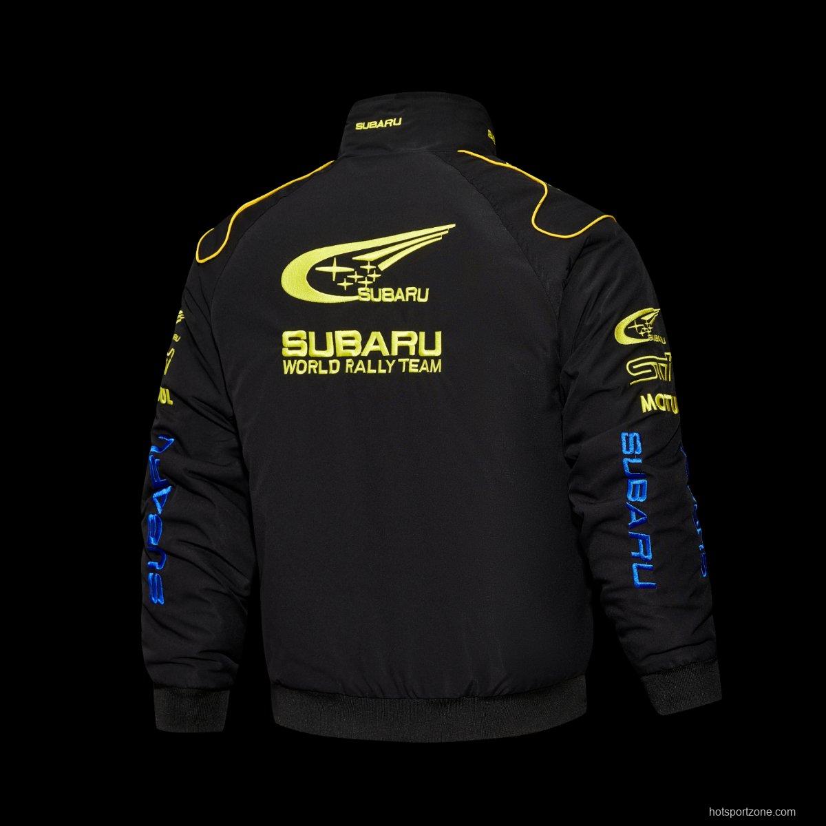 2026 F1 Subaru World Rally Team Black and Blue Racing Jacket with Yellow Trim and Pirelli Logo