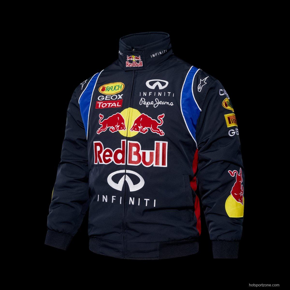 2026 Red Bull Infiniti F1 Racing Team Navy Blue Jacket with Multi-Sponsor Logos and Blue Accents