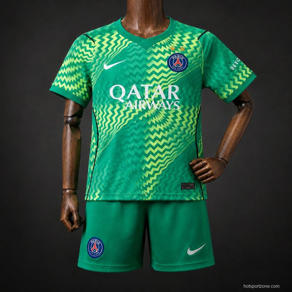 2 Stars 26/27 Kids PSG/Paris Saint Germain Green Goalkeeper Jersey