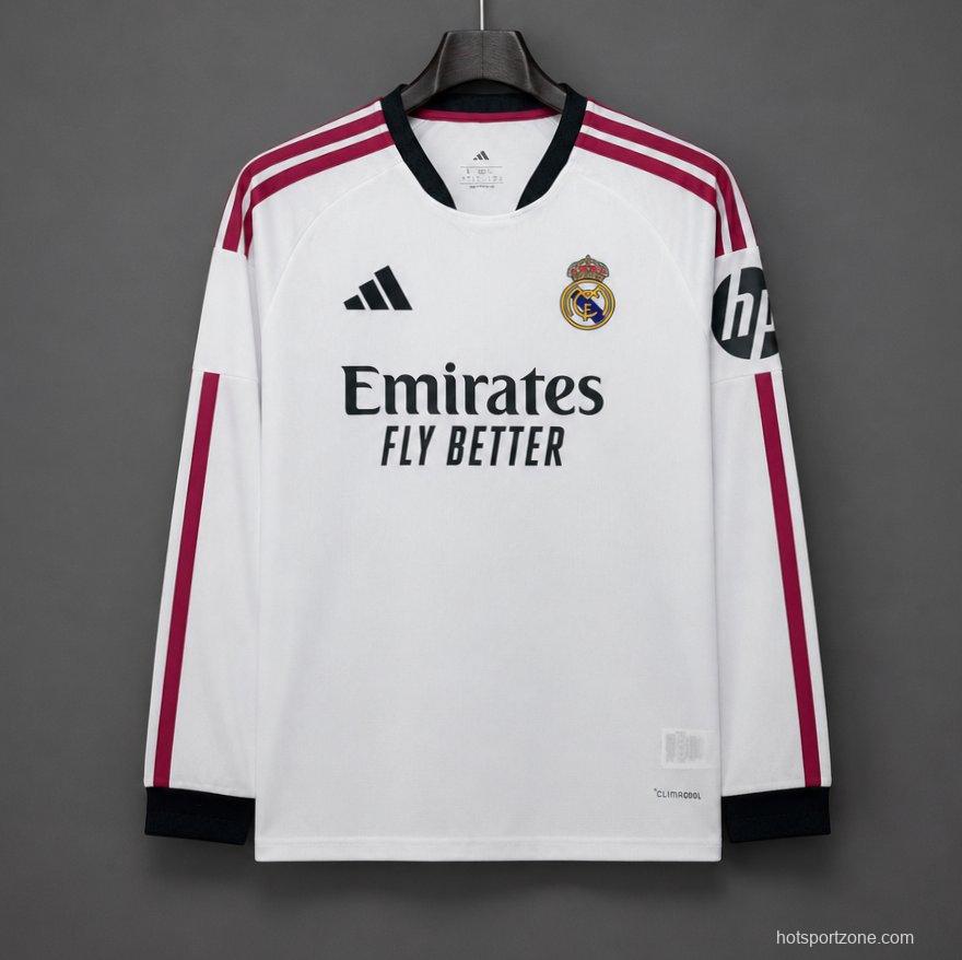 26/27 Real Madrid White with Burgundy Stripes Long Sleeve Home Jersey