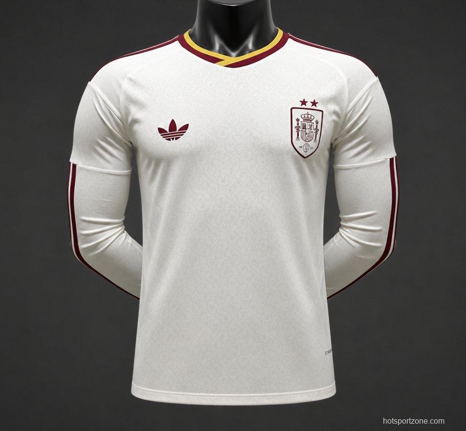 Player Version 2 Star 2026 Spain Away White Long Sleeve Jersey With Champion Patch