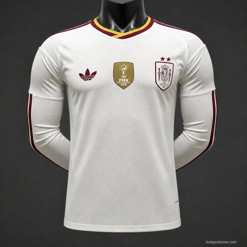 Player Version 2 Star 2026 Spain Away White Long Sleeve Jersey With Champion Patch